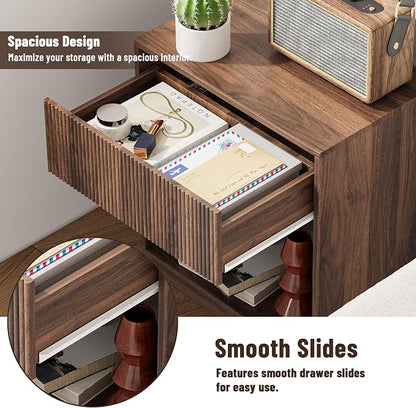 Fluted Nightstands Set of 2, Modern Bedside Table with Drawer and Storage Shelf, Wood End Table Mid Century Night Stands for Bedroom Living Room Sofa Couch Office (Walnut)