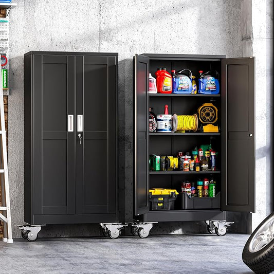 Metal Garage Storage Cabinet with Wheels, 61" H x 27.6" W x 13.8" D, Lockable Rolling Steel Tool Cabinet with Adjustable Shelves, Heavy Duty Garage Cabinet for Workshop, Basement, Home, Black