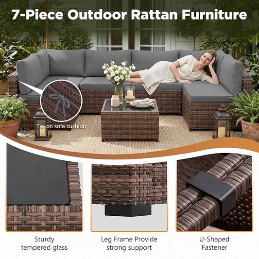 LHBcraft Patio Furniture Set with Rain Cover,7 Pieces Outdoor Wicker Rattan Patio Furniture, Wicker Rattan Outdoor Sectional Sofa Set with Coffee Table for Garden, Poolside Taupe-Grey