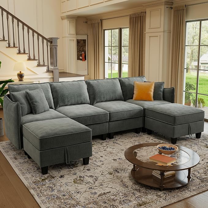 WorthFurni 112" Modular Sectional Sofa U Shape Couches with Storage Ottoman and Washable Cushion Cover for Living Room, Bedroom, Apartment(Grey)