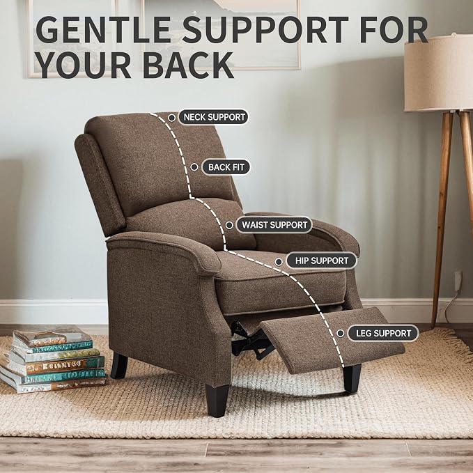 VKNOW Recliner Chair, Fabric Recliner with Soft Armrest, Home Theater Seating with Adjustable Push Back and Lumbar Support, Single Sofa for Adults, Lounge Chair for Living Room, Bedroom（Brown）