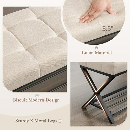 LUE BONA 44.5” End of Bed Bench with Shelf, Linen Tufted Upholstered Storage Shoe Bench, Modern Bedroom Bench with Metal Legs for Living Room, Entryway, Dining Room, 300 LB, Linen Color