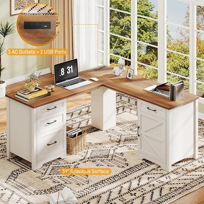 Halitaa 59” L Shaped Executive Desk with Power Outlets, Farmhouse Home Office Desk with File Drawer,Storage Cabinet, Wood Corner Sturdy Writing Workstation.White-Brown