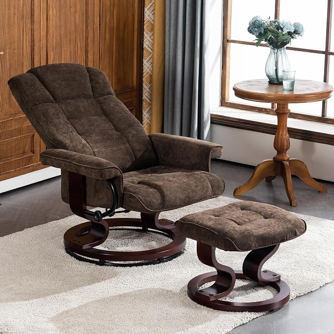 MCombo Manual Swivel Recliner with Ottoman, Chair Ottoman Set for RV Small Spaces, Living Room, Bedroom, Office 4919 (Chenille, Brown)
