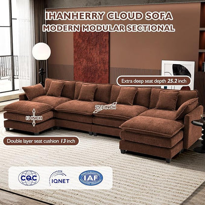 Ihanherry 146" U-Shaped Modern Sofa Modular Sectional Luxurious and Comfortable with 2 Ottoman, 6-Seat Chenille Deep Seat Sofa with 6 Pillows for Living Room, Bedroom and Apartment, Brick Red
