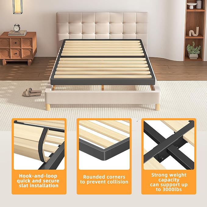 VIPSHOW 2 Inch Wood Slat Twin Box Spring with Round Corners - 3000 lbs Capacity, Low Profile Bed Slat Replacement Bunkie Board with Metal Frame, Noise-Free, Easy Assemble, Black