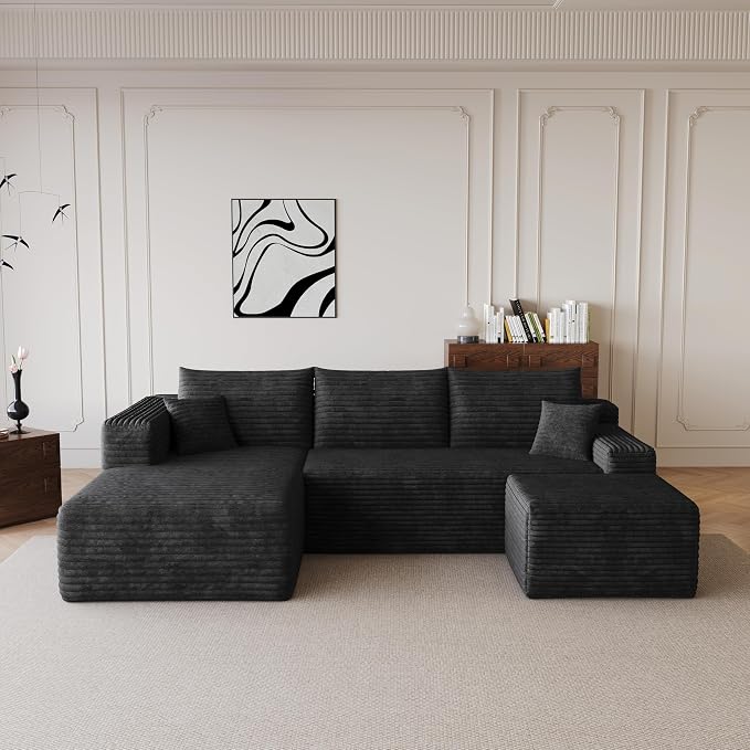 95'' Cloud Sectional Sofa Boneless Couch for Living Room, Minimalist Left Facing Compressed Couch with Chaise Lounge and Ottoman, Plush Corduroy Deep Seat Memory Foam Sofa