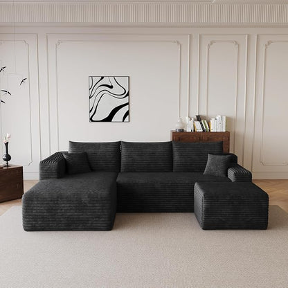 95'' Cloud Sectional Sofa Boneless Couch for Living Room, Minimalist Left Facing Compressed Couch with Chaise Lounge and Ottoman, Plush Corduroy Deep Seat Memory Foam Sofa