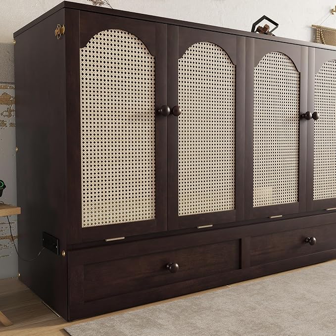 Bellemave Queen Murphy Bed with Storage Drawer and Station, Cabinet Bed, Murphy Cabinet with Foldable Panel, Noisy Free, for Guest Bedroom, Espresso Rattan