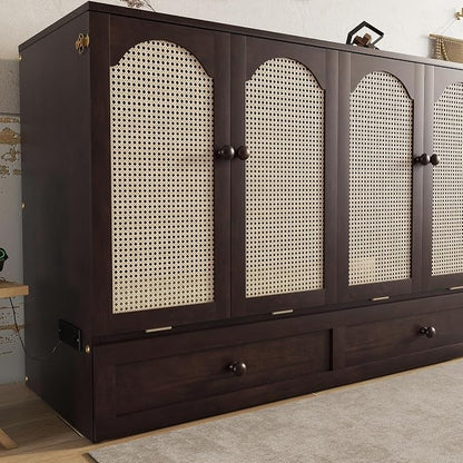 Bellemave Queen Murphy Bed with Storage Drawer and Station, Cabinet Bed, Murphy Cabinet with Foldable Panel, Noisy Free, for Guest Bedroom, Espresso Rattan