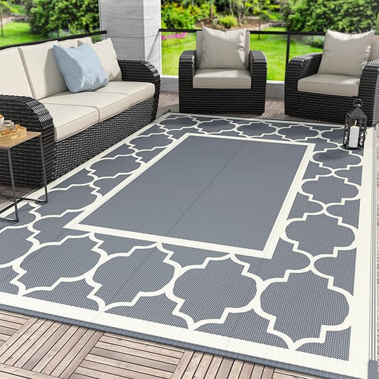 GENIMO 9 ' x 12 ' Outdoor Rug for Patio, Waterproof Indoor Outdoor Plastic Straw Rugs Carpet, Reversible Outside Area Mat for Camping, Balcony Porch, Deck, Picnic, Beach Grey & Beige White