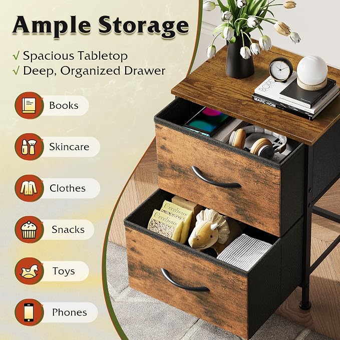 WLIVE Night Stand Set of 2, Small Dresser with 2 Drawers & Wooden Top, Nightstand with Fabric Bins, Bedside Table End Table for Bedroom, Closet, Entryway, College Dorm, Rustic Brown