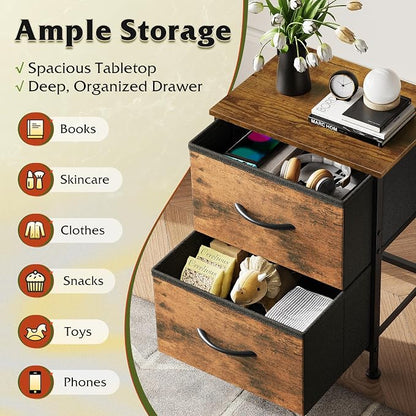 WLIVE Night Stand Set of 2, Small Dresser with 2 Drawers & Wooden Top, Nightstand with Fabric Bins, Bedside Table End Table for Bedroom, Closet, Entryway, College Dorm, Rustic Brown