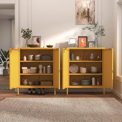 Accent Cabinet Locker, Square Storage Cabinet 36 Inch High, Freestanding Metal Storage Cabinet with 2 Doors and 2 Adjustable Shelves, Multifunctional Cabinet for Home, Hallway and Office Yellow