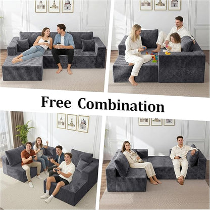 92.5" L-Shaped Sectional Boneless Couches with Chaise, Comfy Modular Corduroy Fluffy Couch with Deep Seat, 3 Seater Cloud Sofa for Apartment Flexible Module Combination for Living Room, No Assembly