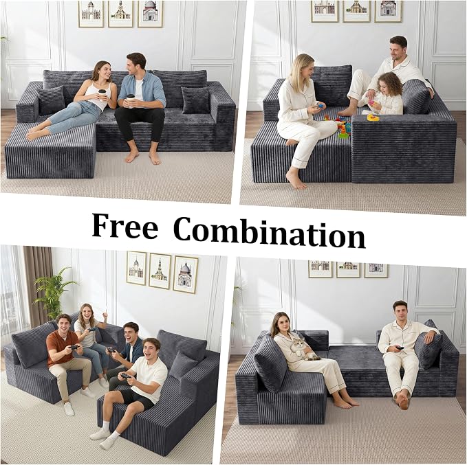 92.5"Couch for Living Room, Modular Sectional Couch with Oversized Chaise, Corduroy Floor Sofa with Deep Seat,L-Shaped Couch No Assembly Required (Drak Gray, 92.5" L-Shape with Left Facing Chiase)