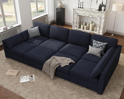 Oversized Modular Sectional Sleeper Sofa Bed Cloud Couches Blue | Deep Seat Couch for Living Room, 8 Seater Luxury Comfortable Sofa with Ottoman, Solid Wood Frame, Removable Washable Cover