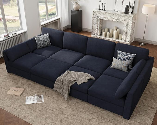 Oversized Modular Sectional Sleeper Sofa Bed Cloud Couches Blue | Deep Seat Couch for Living Room, 8 Seater Luxury Comfortable Sofa with Ottoman, Solid Wood Frame, Removable Washable Cover