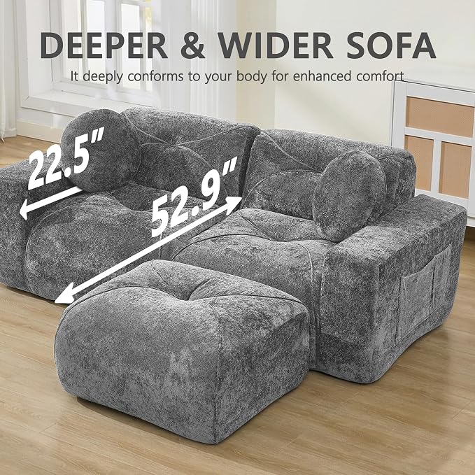 82" Modular Sectional Cloud Couch, L Shaped Sofa Boneless Couches with Movable Ottoman, 2 Deep Seat Modern Comfy Velvet Sofa for Living Room, Bedroom, Apartment (Grey)