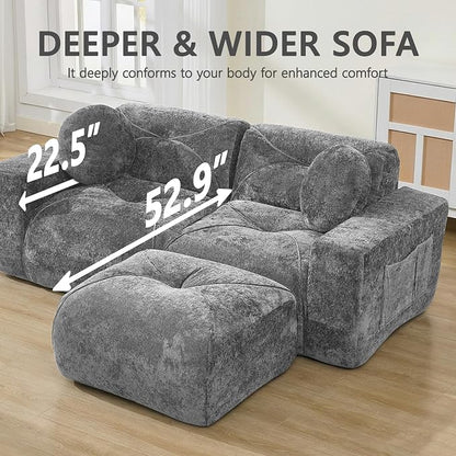 82" Modular Sectional Cloud Couch, L Shaped Sofa Boneless Couches with Movable Ottoman, 2 Deep Seat Modern Comfy Velvet Sofa for Living Room, Bedroom, Apartment (Grey)