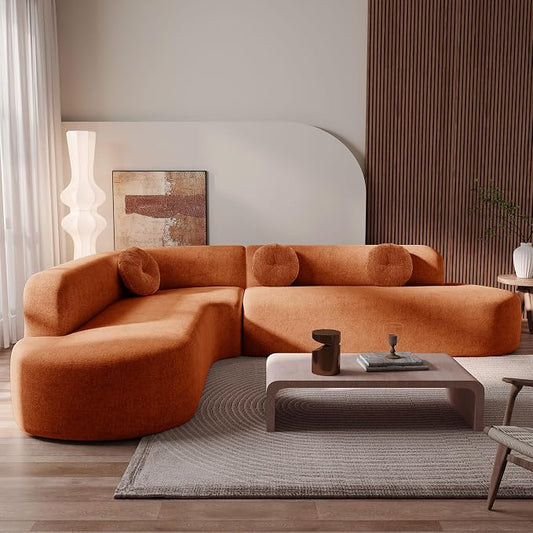 122'' Sectional Sofa, Fully Compressed Sponge,Elegant Curved Design with Three Round Cushions, Soft Fabric Upholstery, High-Resilience Foam for Ultimate Comfort, Orange