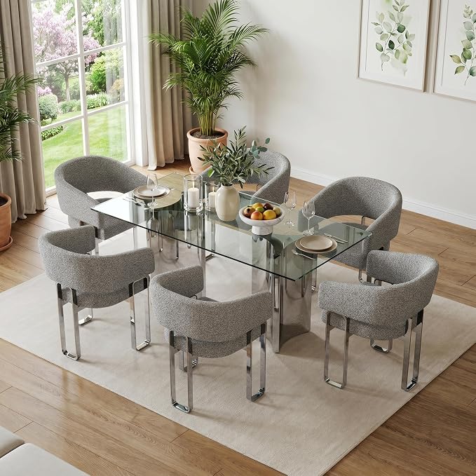 Dining Chairs Set of 2, Boucle Upholstered Dining Room Chairs, Grey Barrel Armchair with Curved Backrest and Polished Silver U-Shaped Legs（Only Chair）