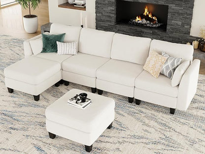 Modular Sectional Sofa, 6 Seaters Modular Sleeper Sofa Couch, Comfy Sectionals Couches Bed, Convertible Sofas with Ottomans, Sectional Couches for Living Room, Beige