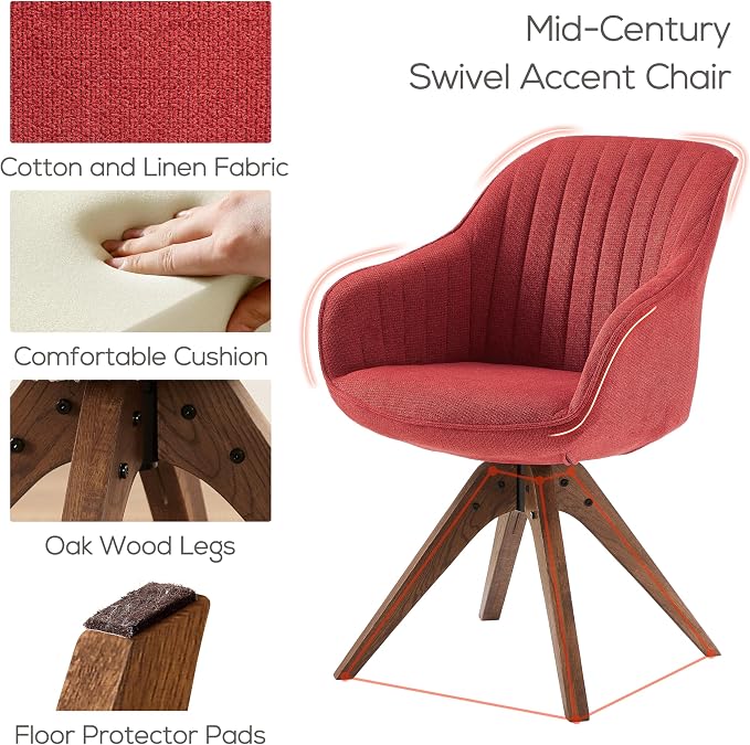 Art Leon Desk Chair No Wheels - Mid Century Modern Office Chair, Swivel Accent Chair with Oak Wood Legs, Fabric Upholstered Arm Chair, Red