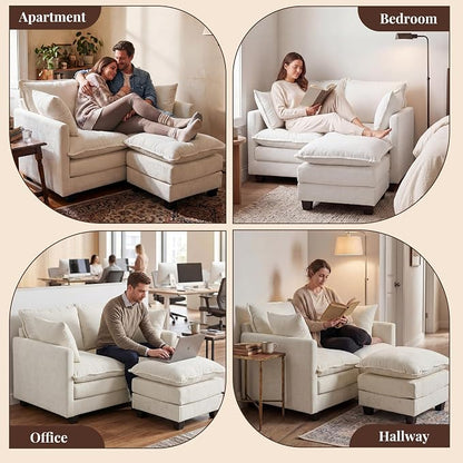 Loveseat Sofa with Ottoman, Cloud 3-Layer Cushion & 27" Deep Seat Modern Small Couch with 2 Washable Pillows for Small Spaces, Bedroom, Apartment, Office, Living Room, in a Box, 50-Inch Beige