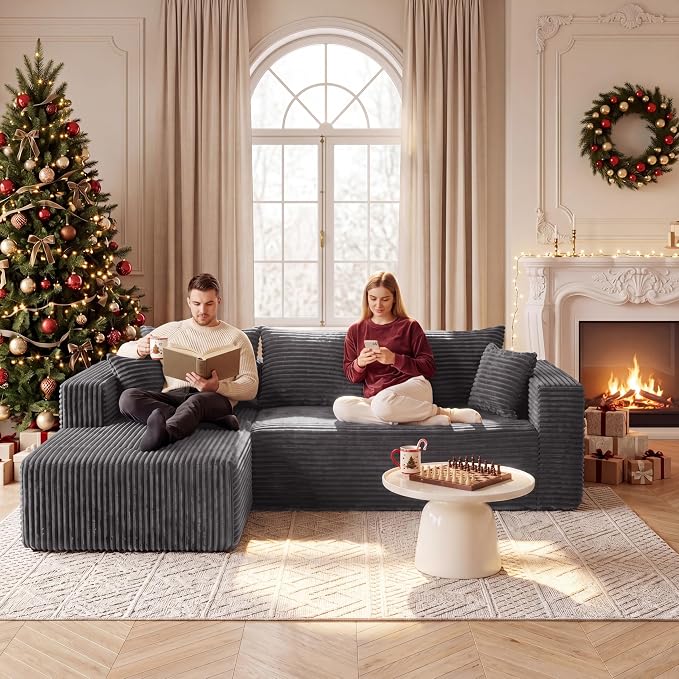 92.5"Couch for Living Room, Modular Sectional Couch with Oversized Chaise, Corduroy Floor Sofa with Deep Seat,L-Shaped Couch No Assembly Required (Drak Gray, 92.5" L-Shape with Left Facing Chiase)