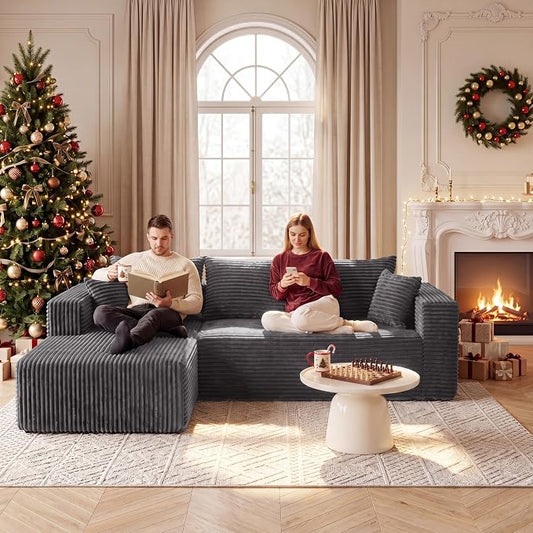 92.5"Couch for Living Room, Modular Sectional Couch with Oversized Chaise, Corduroy Floor Sofa with Deep Seat,L-Shaped Couch No Assembly Required (Drak Gray, 92.5" L-Shape with Left Facing Chiase)