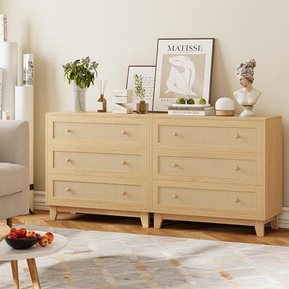 Rattan 3 Drawer Dresser for Bedroom, Small Boho Dresser with Wood Handles, Wood Nightstand, 29.52" Wide Modern Dresser, Chests of Drawers for Living Room, Entryway, Hallway, Natural Oak