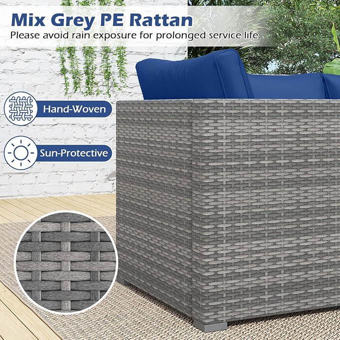 Tangkula 3 Seat Outdoor Wicker Sofa Set, Modular PE Rattan Patio Cushioned Sectional Couch Set, Outside Furniture Set for Deck, Backyard, Porch, Garden & Poolside (Navy)
