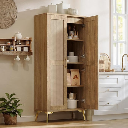 JASIWAY Tall Bathroom Storage Cabinet 57" Rattan Pantry Cabinet, Wood | With Doors and Adjustable Shelves, Freestanding Linen Closet & Wardrobe for Bathroom Laundry Bedroom, Anti-Tipping Device