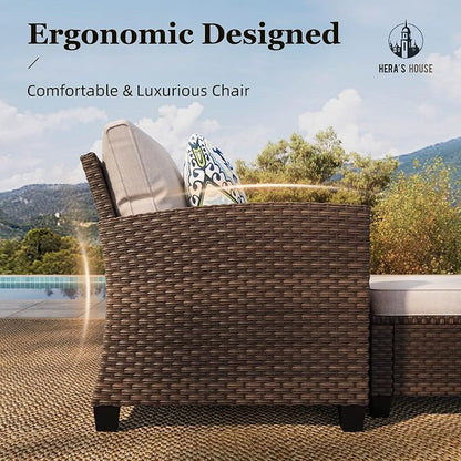 HERA'S HOUSE Outdoor Patio Sofa, 3-Seat Wicker Couch with Waterproof Thick Cushions, Deep Seating Furniture for Garden Porch Backyard, Beige