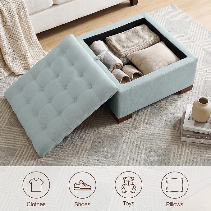 30 Inch Square Storage Ottoman Coffee Table, Modern Tufted Upholstered Ottoman with Flip Tray and Solid Wood Legs, Suitable for Living Rooms, Linen Blue