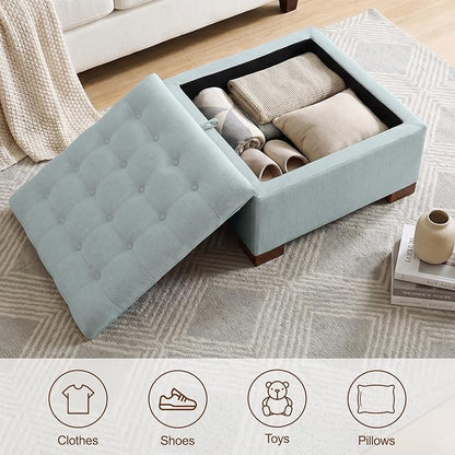 30 Inch Square Storage Ottoman Coffee Table, Modern Tufted Upholstered Ottoman with Flip Tray and Solid Wood Legs, Suitable for Living Rooms, Linen Blue