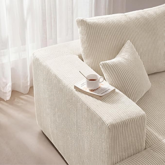 Modular Sectional Sofa, 115" Memory Foam Cloud 3-Seater Boneless Couch, Cozy Upholstered Corduroy Frameless Sofa, No Assembly Required Extra Wide Seating for Living Room & Apartment, Beige
