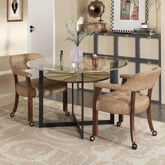 LEEMTORIG Set of 2 Large Dining Chairs with Casters and Arms, Rolling Dining Chairs with Wheels, Accent Game Table Chairs, 26" D x 25.2" W x 31.5" H, Cherry Legs & Yellowish Brown PU SY-1533-PMB02