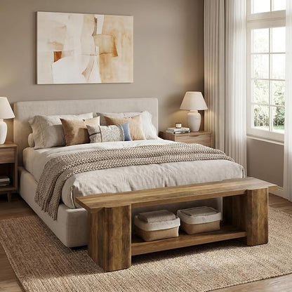 LITTLE TREE Entryway Bench, 63" Long Bench with Storage Shelf, Farmhouse End of Bed Bench, Bench for Bedroom, Dining Room, Living Room, Entryway, Hallway, Reinforced Legs, Brown
