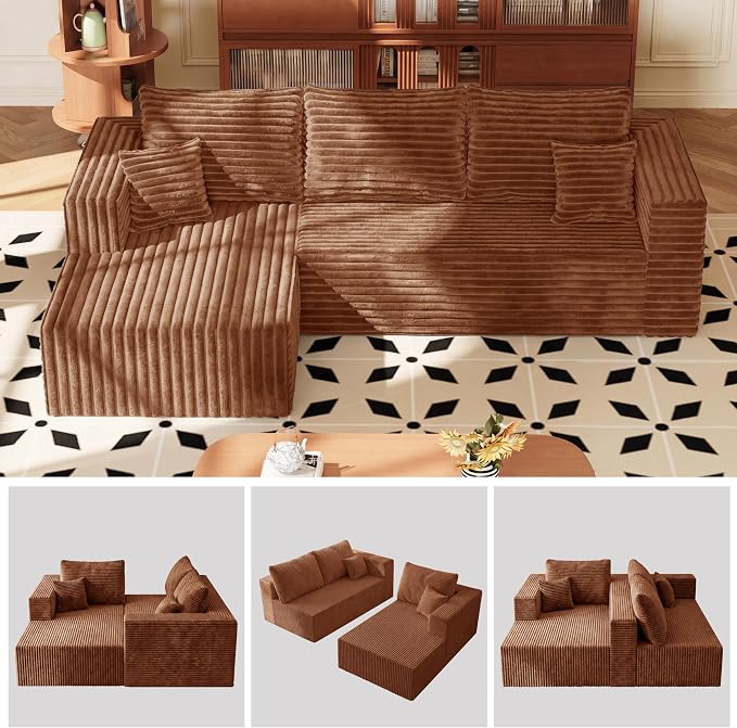 92.5" L-Shaped Sectional Boneless Couches with Chaise, Comfy Modular Corduroy Fluffy Couch with Deep Seat, 3 Seater Cloud Sofa for Apartment Flexible Module Combination for Living Room, No Assembly