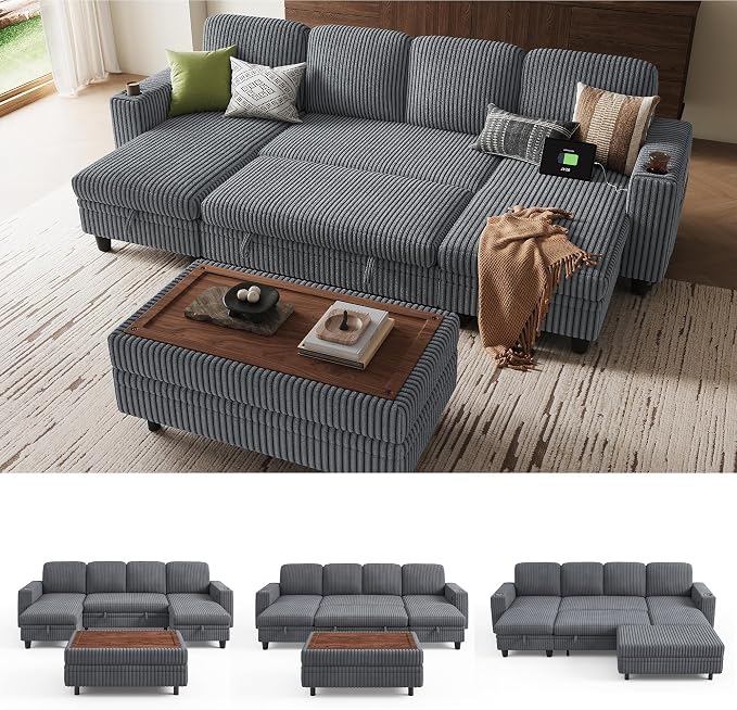 LINSY HOME Sectional Sleeper Sofa with Pull Out Couch Bed for Living Room (Grey) | Plush Corduroy
