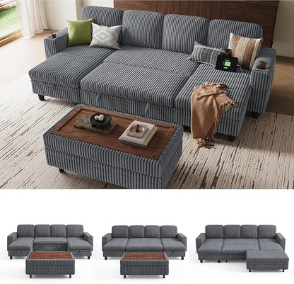 LINSY HOME Sectional Sleeper Sofa with Pull Out Couch Bed for Living Room (Grey) | Plush Corduroy