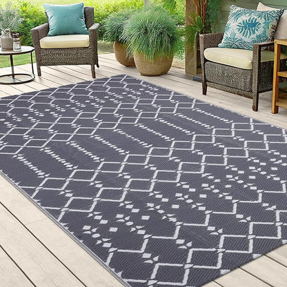 Smiry Outdoor Rug 5x8 ft, Waterproof Reversible Plastic Straw Rugs, Boho Outdoor Area Rug, Outside Floor Mat for Patio, Backyard, Deck, Picnic, Beach, Camping, Grey