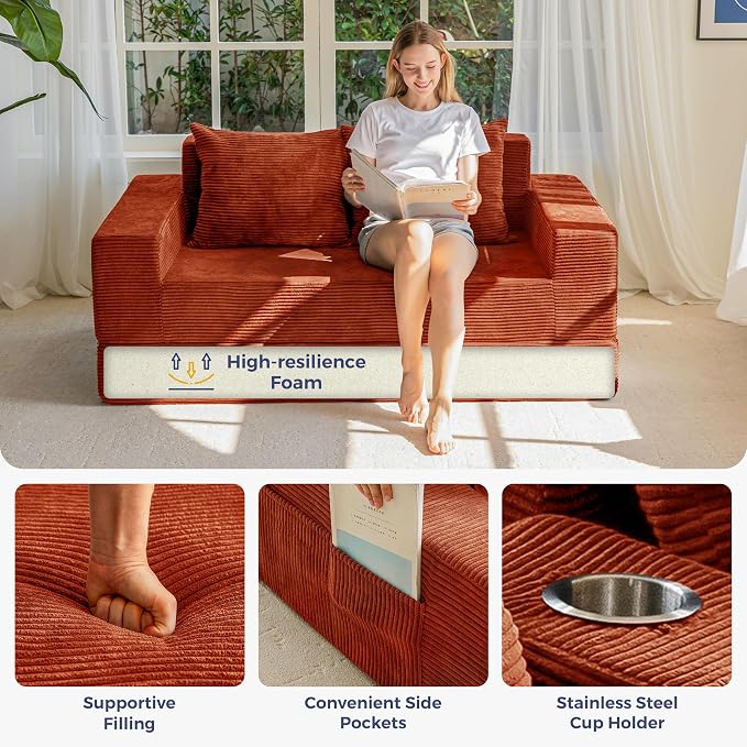 MAXYOYO Loveseat Sofa Bed, 64" Foldable Floor Sofa Couch in A Box with 2 Cup Holders, 4 in 1 Convertible Boneless Couch Folding Recliner Chair for Living Room, No Assembly Required, Orange