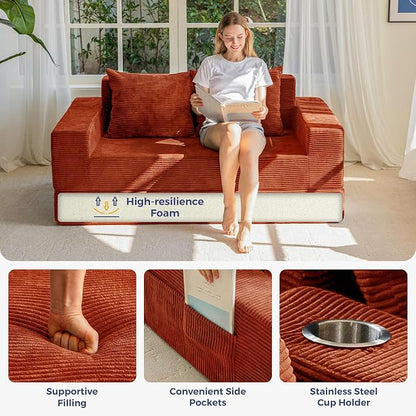 MAXYOYO Loveseat Sofa Bed, 64" Foldable Floor Sofa Couch in A Box with 2 Cup Holders, 4 in 1 Convertible Boneless Couch Folding Recliner Chair for Living Room, No Assembly Required, Orange