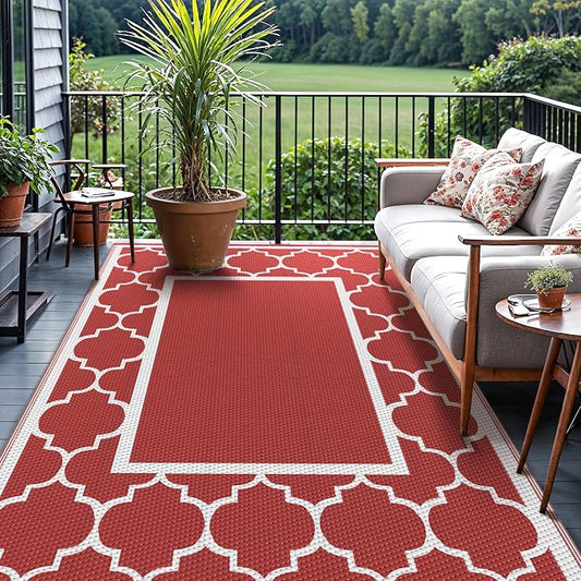 GENIMO 6' x 9' Outdoor Rug Waterproof for Patio Decor, Foldable Reversible Plastic Straw Area Rugs Mat for Camper, Outside Carpet for Rv, Deck, Porch, Picnic, Beach, Balcony, Red & White