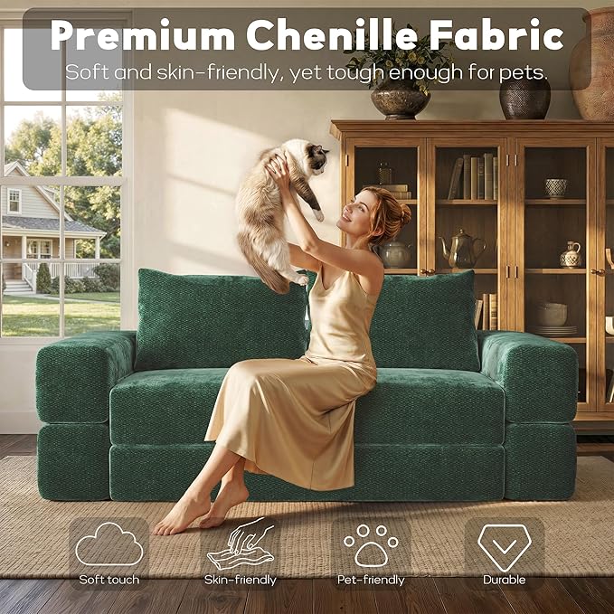75'' Folding Convertible Sofa Bed with Large Pillow, 4-in-1 Foldable Pull Out Futon Sofa Bed, Chenille Boneless Mattress Couch, No Assembly Floor Sleeper Sofa Bed for Living Room/Bedroom, Dark Green