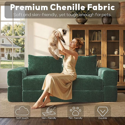 75'' Folding Convertible Sofa Bed with Large Pillow, 4-in-1 Foldable Pull Out Futon Sofa Bed, Chenille Boneless Mattress Couch, No Assembly Floor Sleeper Sofa Bed for Living Room/Bedroom, Dark Green