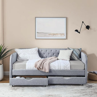 KEIKI Twin Size Upholstery Daybed with Trundle and 2 Drawers, Twin to King Design Mid-Century Style Extendable Sofa Bed, Easy Assembly, No Box Spring Required, for Living Room, Grey